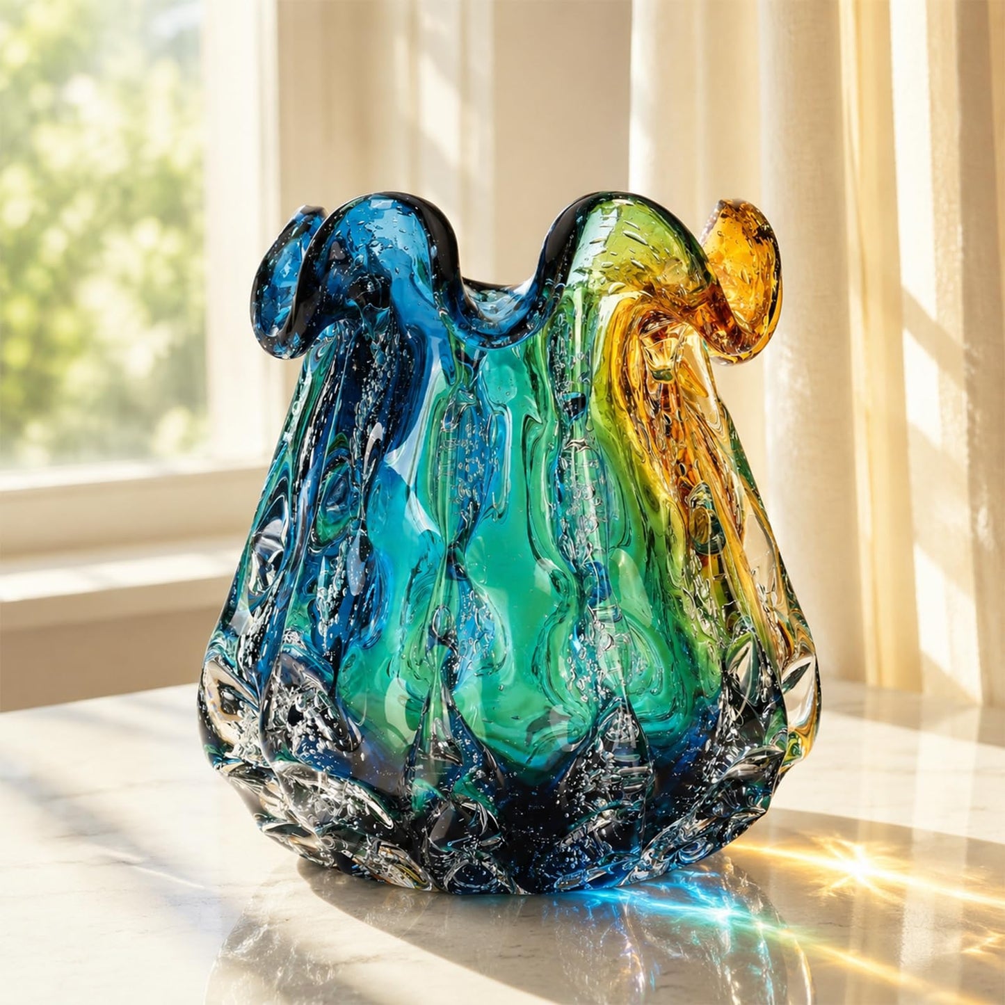 9.9" Tall Large Clear Glass Vase Wide Mouth, Pretty Hand Blown Glass Vase for Bouquet, Unique Teal and Amber Sea Vases for Modern High End Living Room, Office, Dining Table Centerpieces