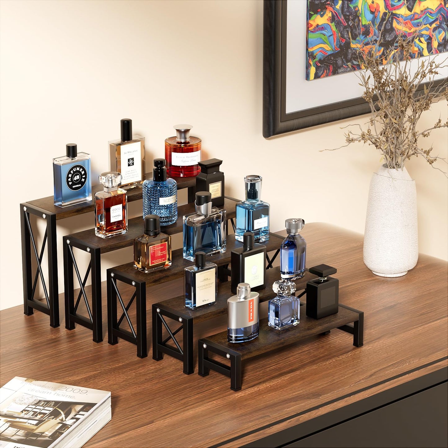 YOOMONA Stackable Wooden Cologne Organizer for Men, 5-Tier Tray Risers Display Makeup Perfume Organizer for Women, Wood Cupcake Stand, Buffet Shelf, Dessert Food Risers, Figure Collectible Stand
