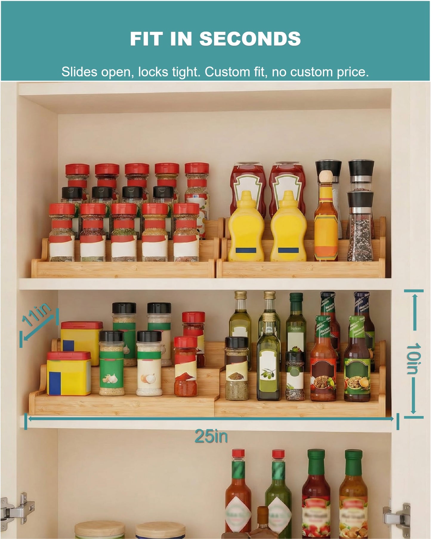 3-Tier Expandable Bamboo Spice Rack,Spice Organizer for Cabinet, Adjustable 12"-24" Wide Storage Shelf for Countertop, Pantry & Cupboard, Natural Wood Kitchen Organization,No Assembly
