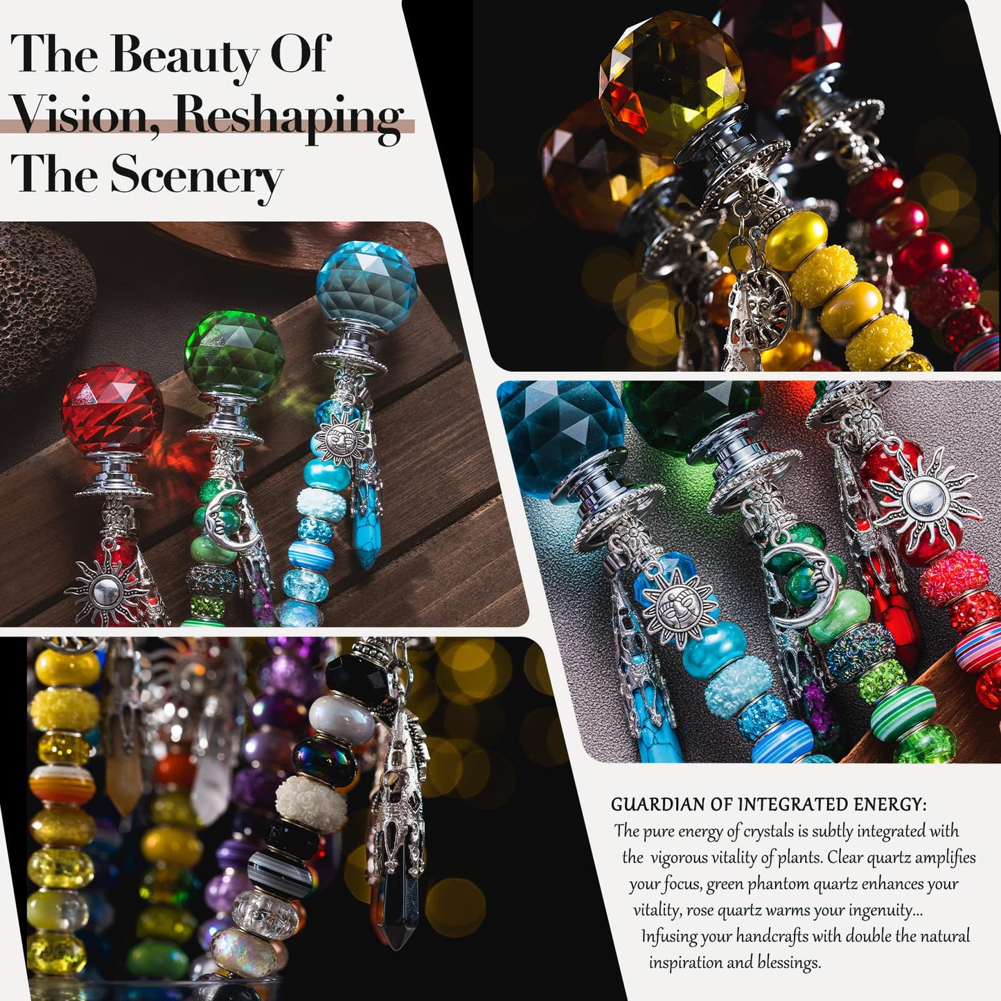260 Pcs DIY Beaded Garden Stakes, Fairy Wand 10-Pack Garden Decorative Kit with Healing Crystal Pendant, 12in Threaded Rods, Crystal Diamond Tops, for Spring Garden Outdoor&Indoor Decorations
