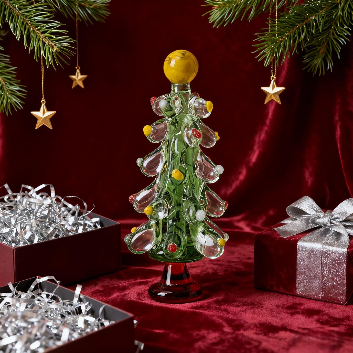 Handmade Glass Christmas Tree with Gift Box, Tabletop Blown Crystal Christmas Tree Gift for Women, Green Small Christmas Figurine Tree Decoration, Healing Stone for Office Home