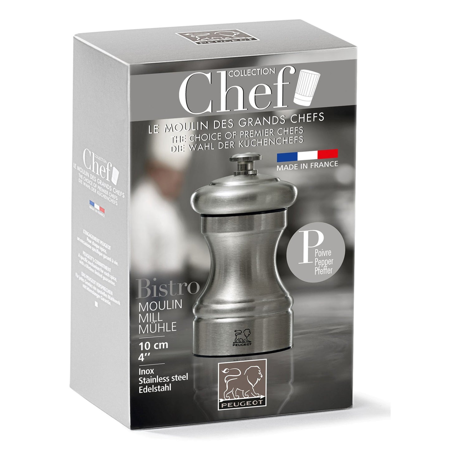 Peugeot Bistro Chef Salt Mill, 10cm/4", Stainless Steel