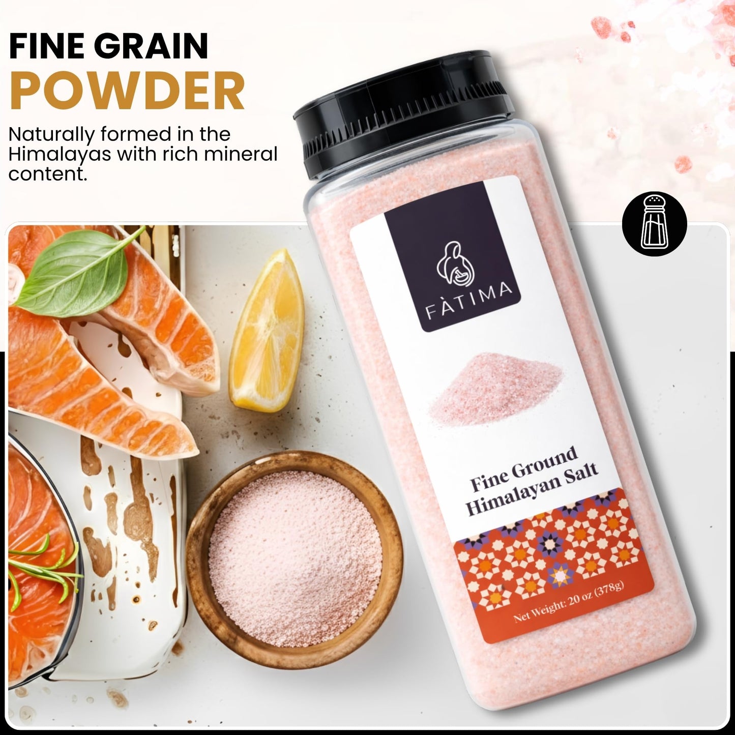 Fàtima Fine Ground Pink Himalayan Salt | 100% Pure & Mineral-Rich Himalayan Rock Salt for Grinder Refill | Natural, Unrefined & Non-GMO Fine Powder for Cooking, Seasoning, Baking & Table Use | 20 Oz