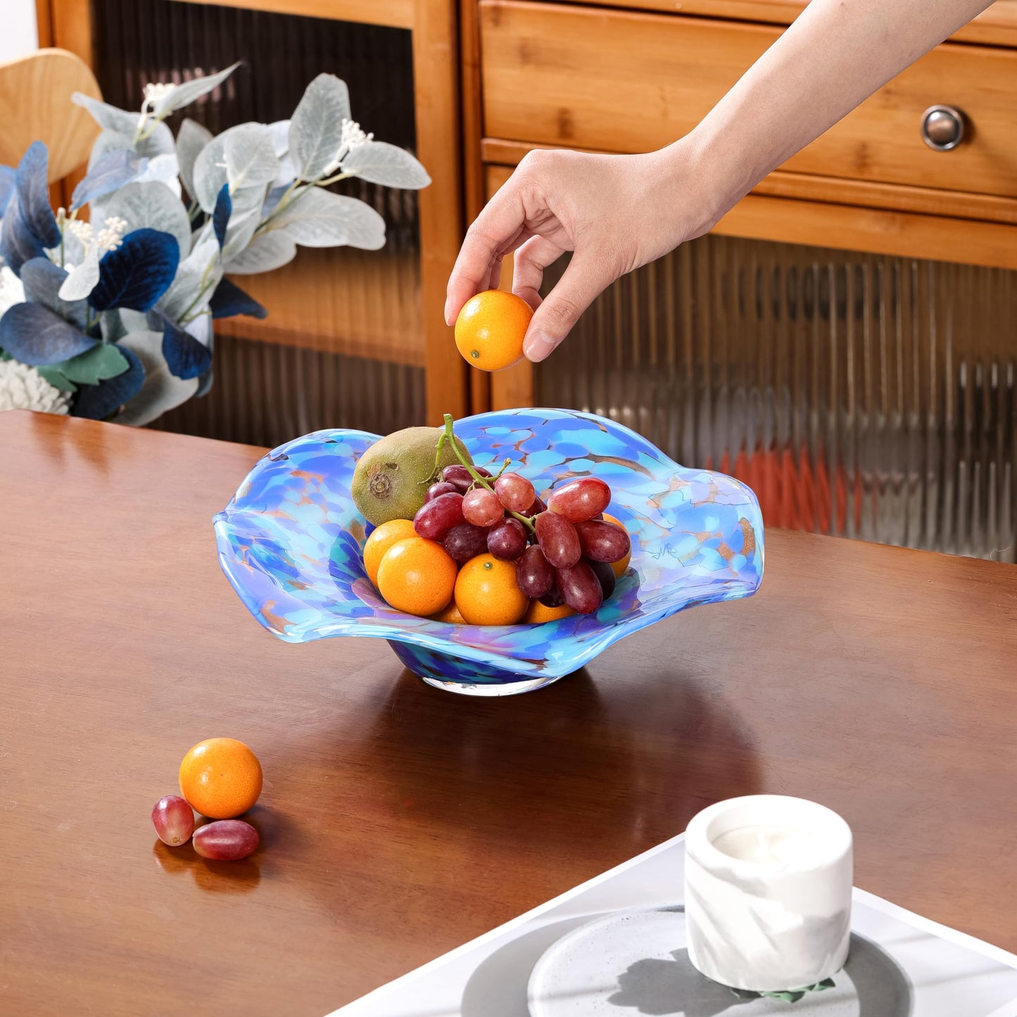 ORRFIDDY Hand Blown Murano-style Art Glass Bowl, 10.2-Inch Large Decorative Centerpiece for Table, Cobalt Blue Fruit Display & Kitchen Counter Decor