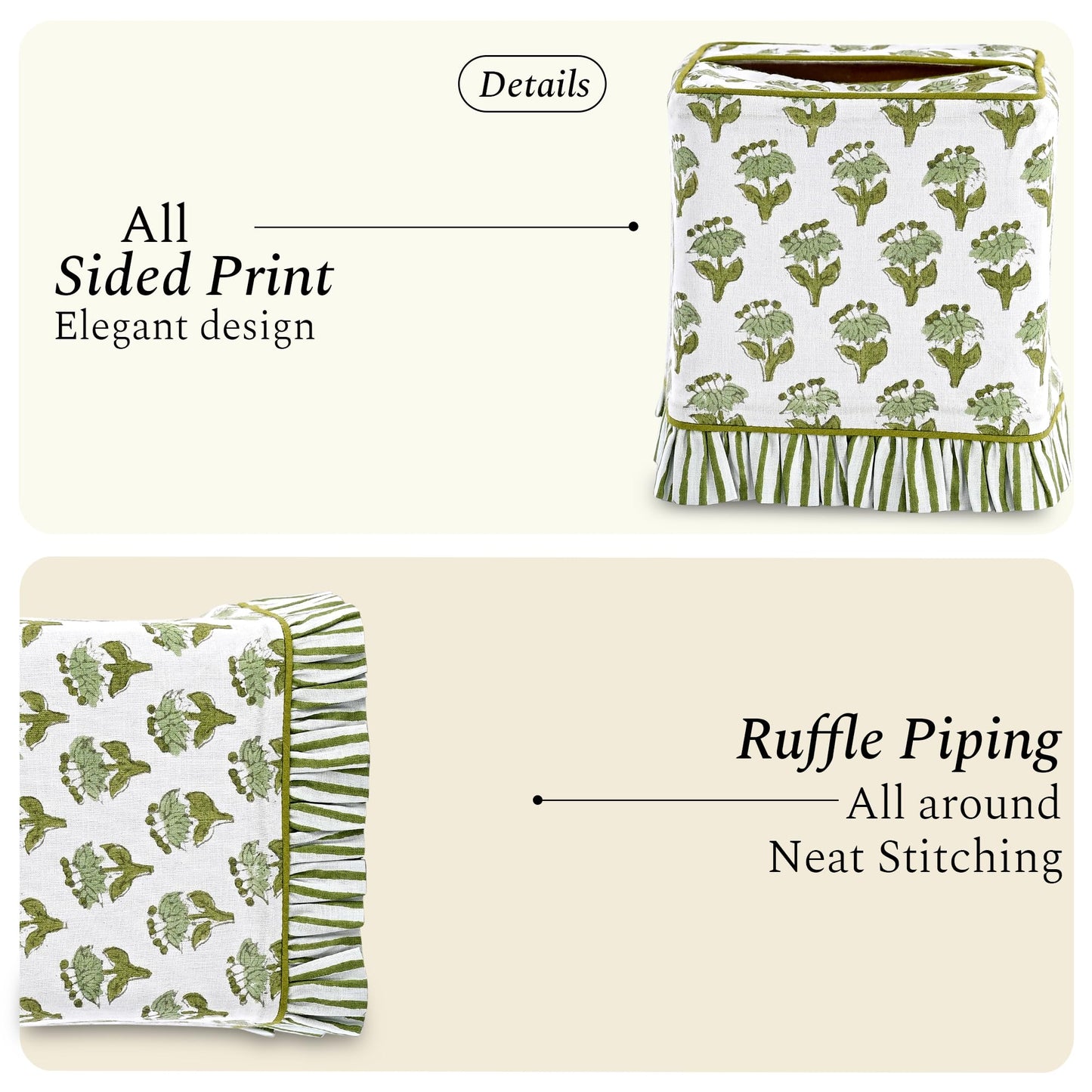 CPC Emerald Green Hand Block Print Cotton Ruffle Tissue Box Cover 4.5"x4.5"x5"Inch, Square Decorative Tissue Holder Cover for Bathroom, Living Room, Bedroom, Home Décor, Vanity, Car Gift for Summer