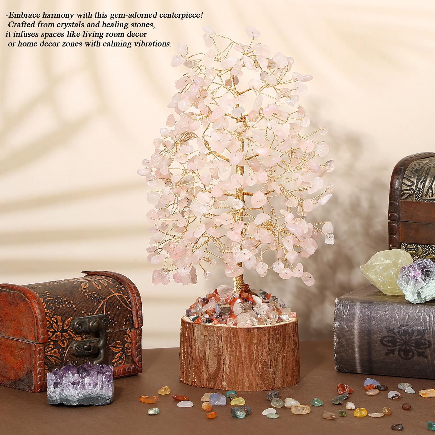 MAIBAOTA Rose Quartz Crystals Tree of Life Pink Office Home Decor Good Luck Handmade Feng Shui Spiritual Gifts for Women