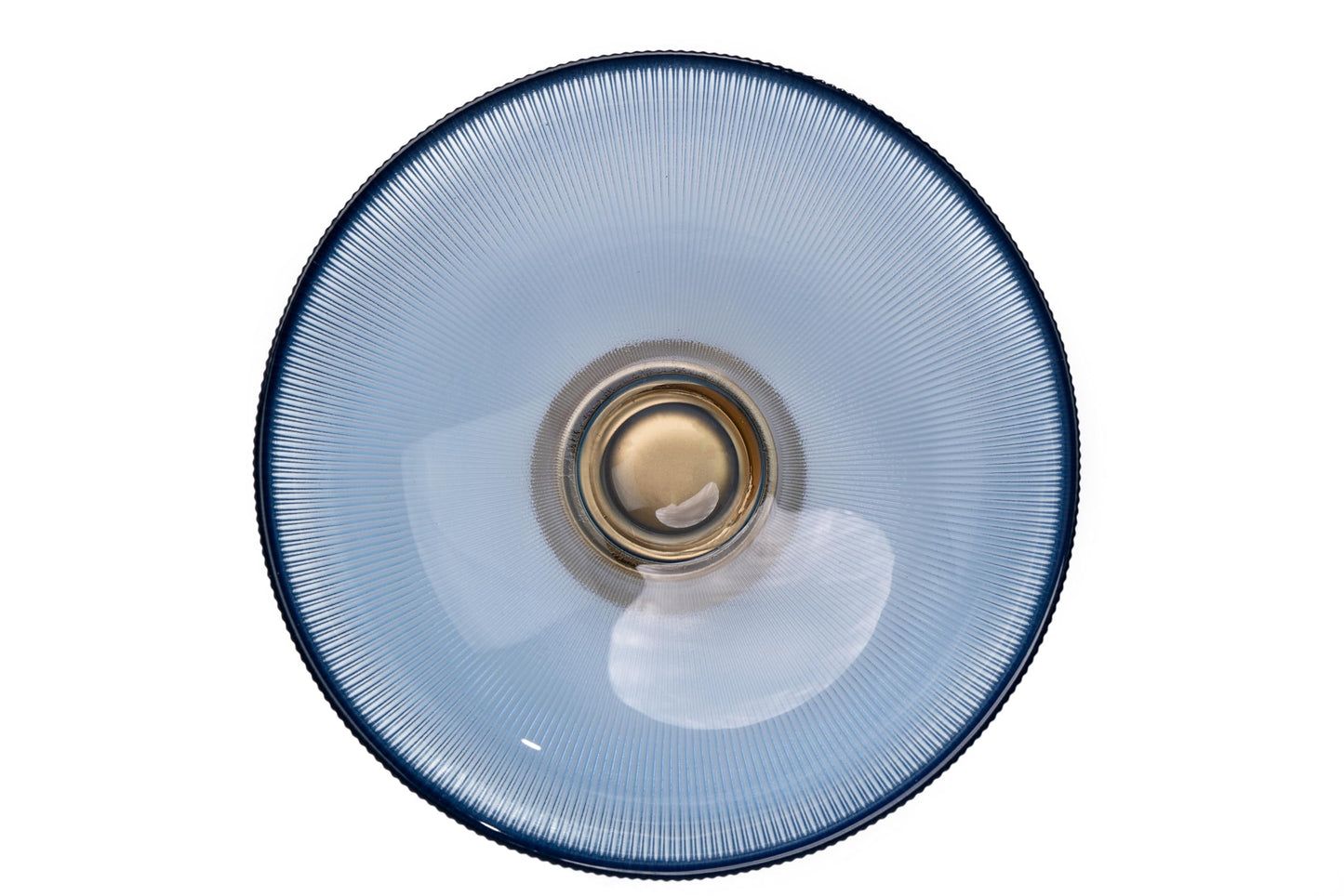 Round Glass Decorative Bowl (Blue), 9.8 Inches Handblown Striped Design Glass Bowl with Rust Resistant Metal Base,Decor Fruit Bowl for Home Decor,Table Centerpiece,Kitchen Island and Dining Decor