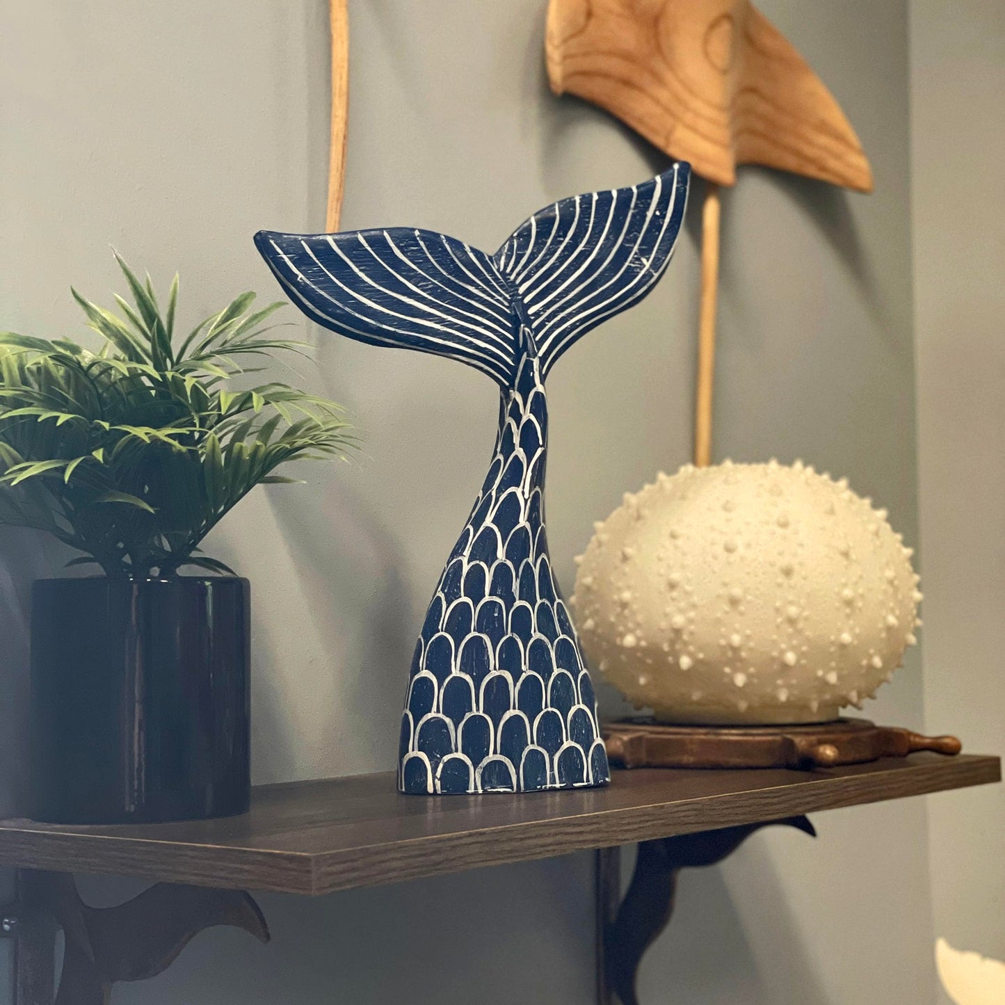 Hand-Carved Navy Blue Wood Mermaid Tail Sculpture – 13.75" Nautical Coastal Table Decor, Beach House Accent, Ocean-Inspired Artisan Art, Indoor Shelf Display Statue, Unique Gift for Ocean Lovers