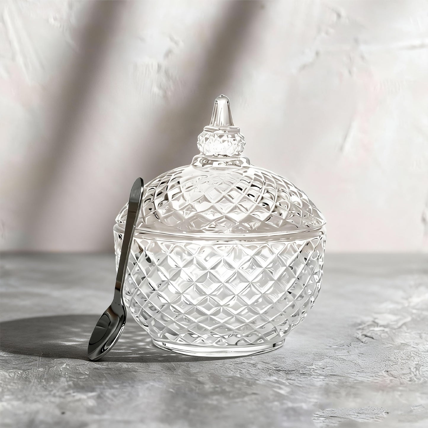 seicasaya 7 oz Crystal Glass Salt Cellar with Lid and Stainless Steel Spoon for Kitchen Seasoning (Ball shape)