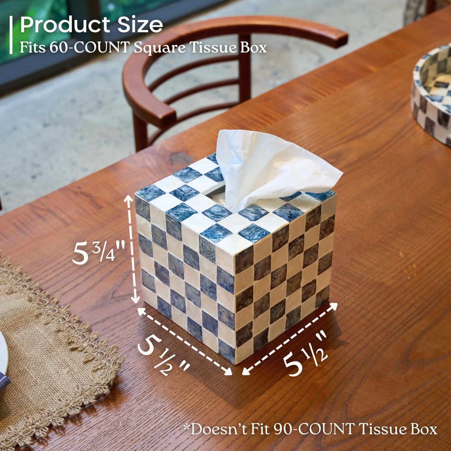 CHI AN HOME 5.5" Square Tissue Box Cover, Handmade Checkered Cube Tissue Box Cover with Capiz Shells, Decorative Mother of Pearl Tissue Holder for Living Room, Bathroom, Bedroom or Office (Navy Blue)