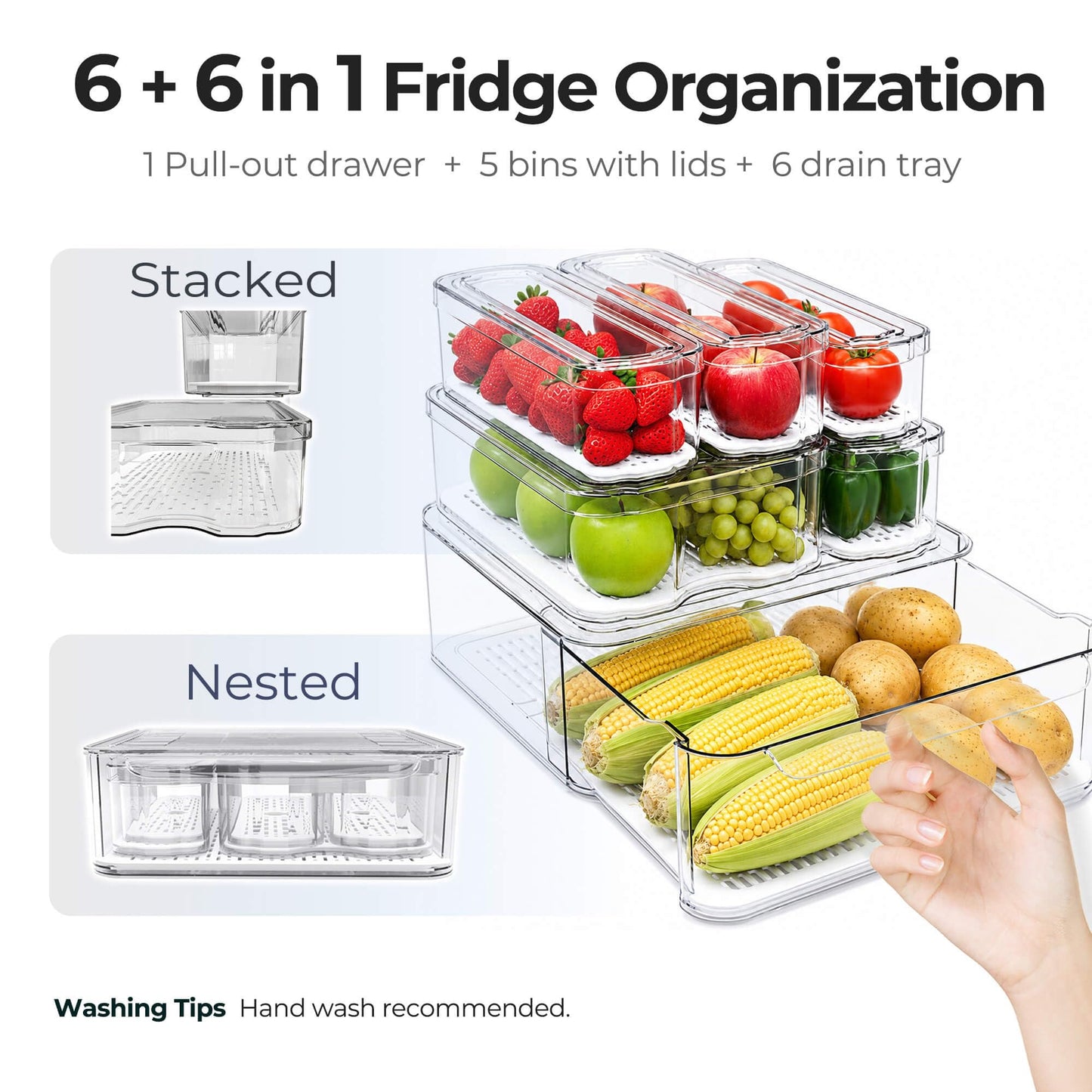 SMRCAD Refrigerator Organizers and Storage, 6 Pack with 1 Pull-Out Drawer and 5 Lidded Bins, Fruit Storage Containers for Fridge with Drain Trays, Helps Keep Produce Fresh