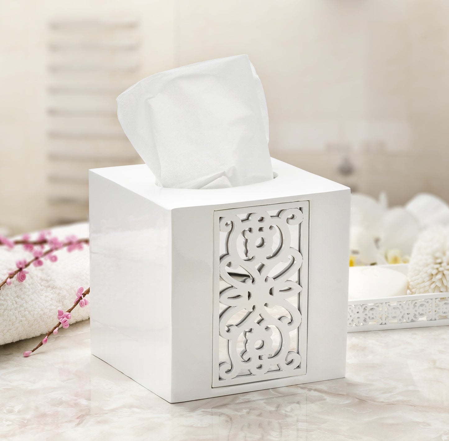 Mirror Janette White Square Resin Tissue Box Cover with Bottom Slider