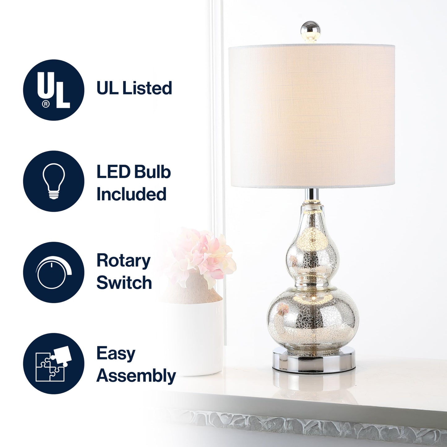 JONATHAN Y 20.5" Mercury Silver Glass Table Lamp, Modern Gourd Bedside Nightstand Lamp for Bedroom, Living Room, White Linen Shade, LED Bulb Included (JYL1028C)
