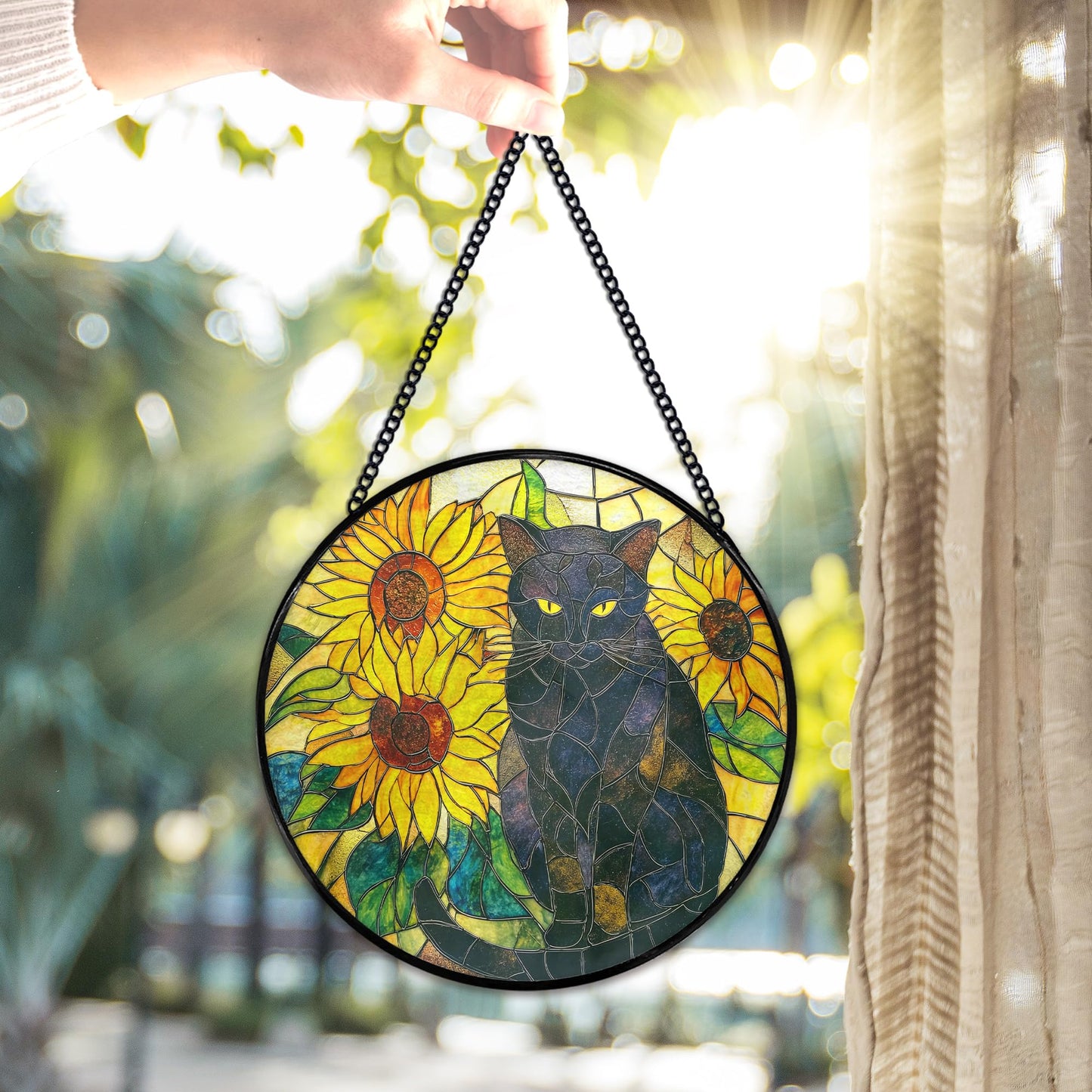 Hiuwevt Black Cat Sunflower Suncatcher Stained Glass Window Hanging, Cat Flower Sun Catchers Indoor Window Glass Wall Art Decor, Black Kitten Sunflower Round Wall Hanging Decorations, 7.9x7.9 inch