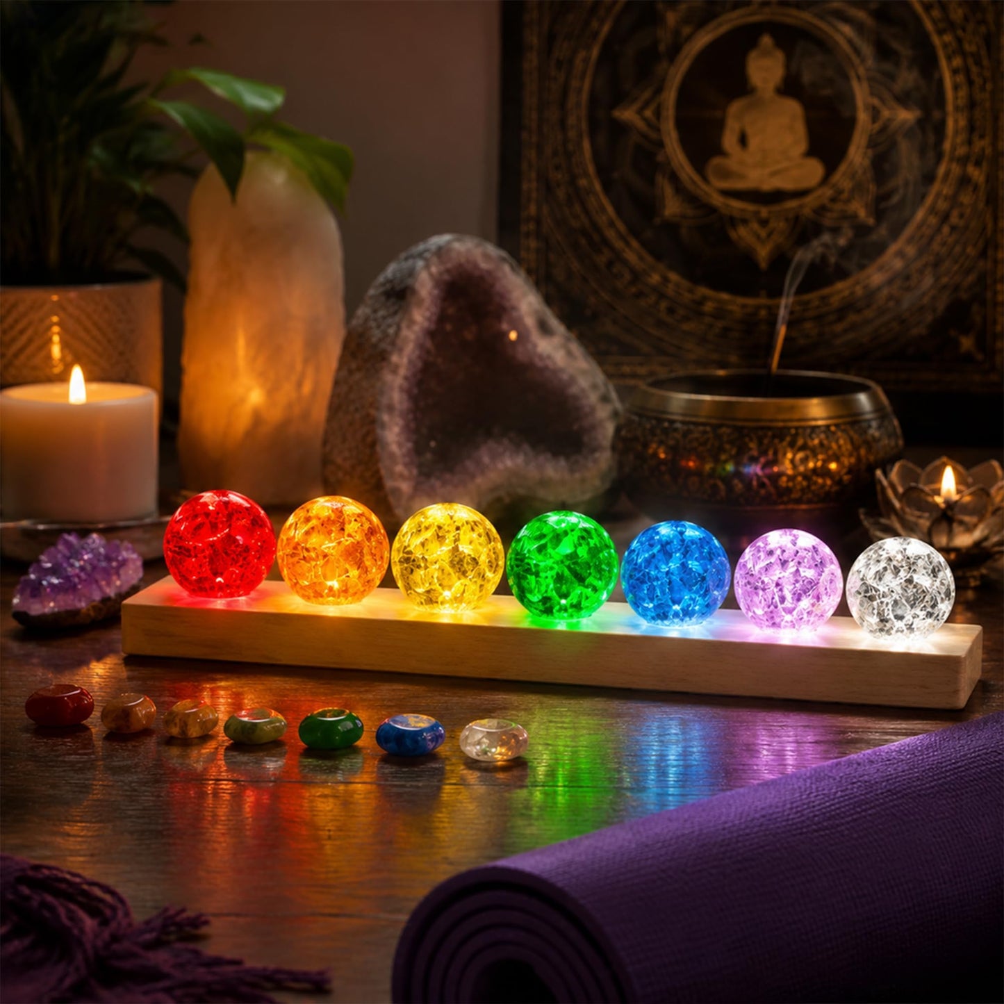 YU FENG 7 Chakra Crystal Ball Set with LED Wooden Stand, 40mm Rainbow Ice Crack Healing Spheres, Crystal Quartz Stones for Meditation, Positive Energy, Night Light and Home Decor