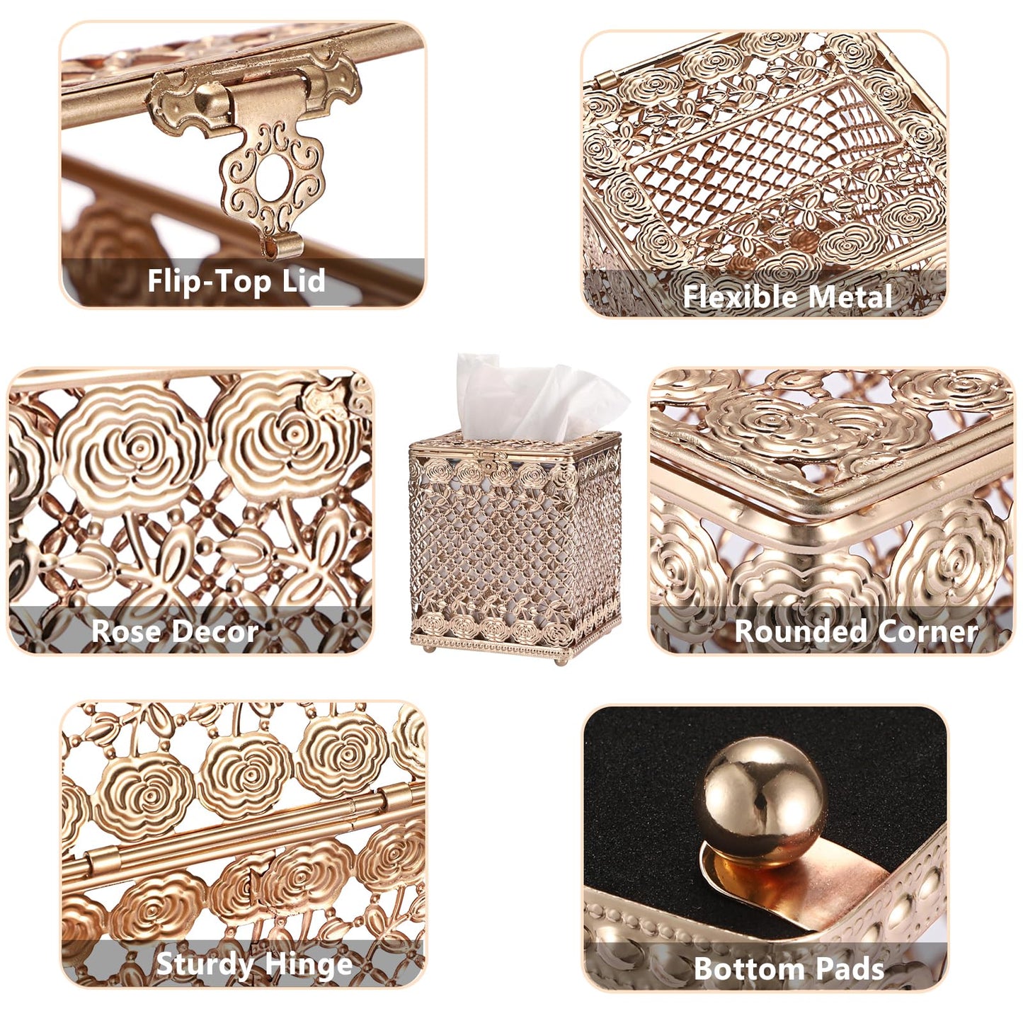 Sumnacon Tissue Box Cover Square, Metal Tissue Holder with Lid, Stylish Cube Tissue Covers, Decorative Rose Tissue Box Organizer for Bathroom Kitchen Table Desk Toilet Home Office, Gold