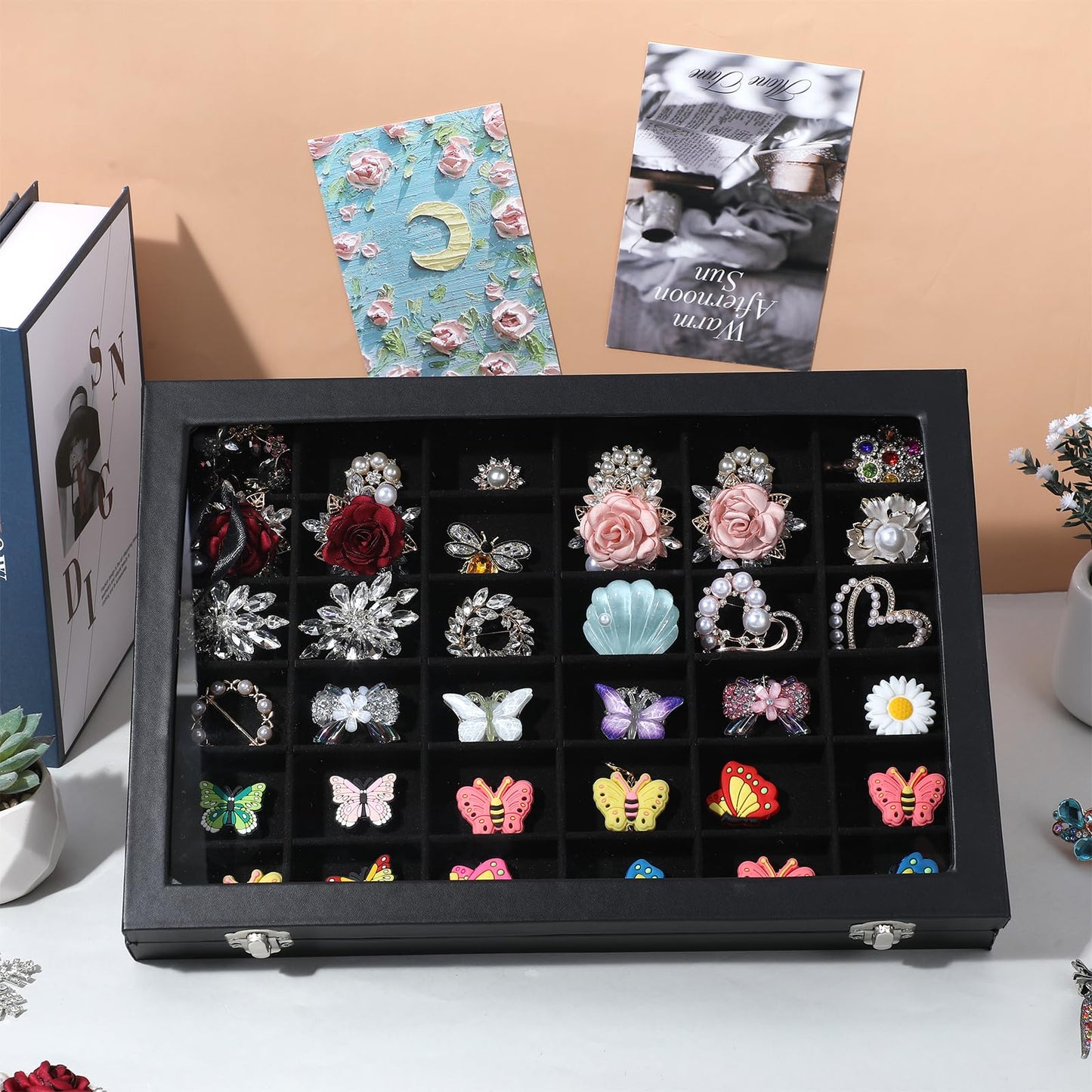 Leooomap 2 Pack 36 Grid Crystal Display Case, Rock Collection Display Case with Clear Lid & Velvet Grids - Black PU Leather Rock Storage Box for Gemstones, Minerals, Collectibles