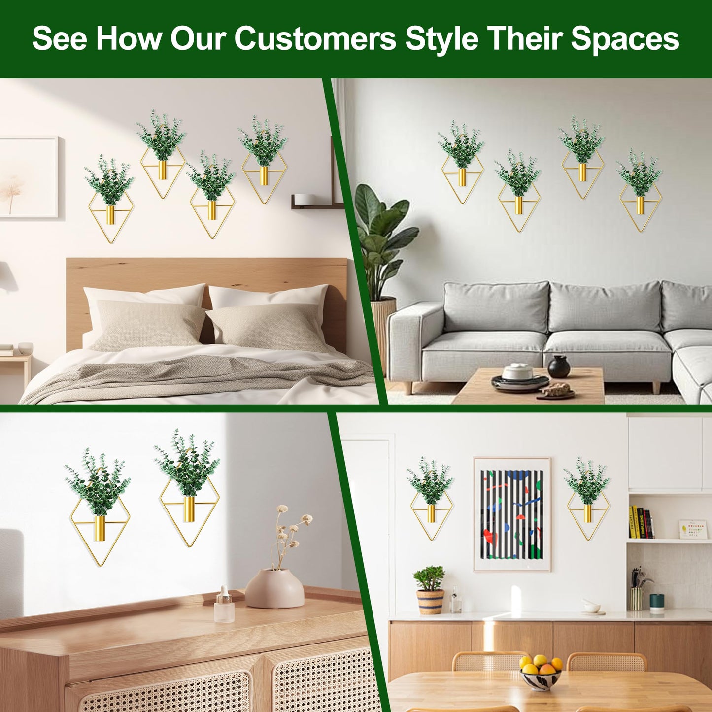 LZRHORR 2 Pack Gold Wall Decor Hanging Planters with Artificial Plants Metal Hanging Vase Indoor Plants Holder Modern Boho Wall Art for Bathroom Bedroom Living Room Office (Gold, Eucalyptus)