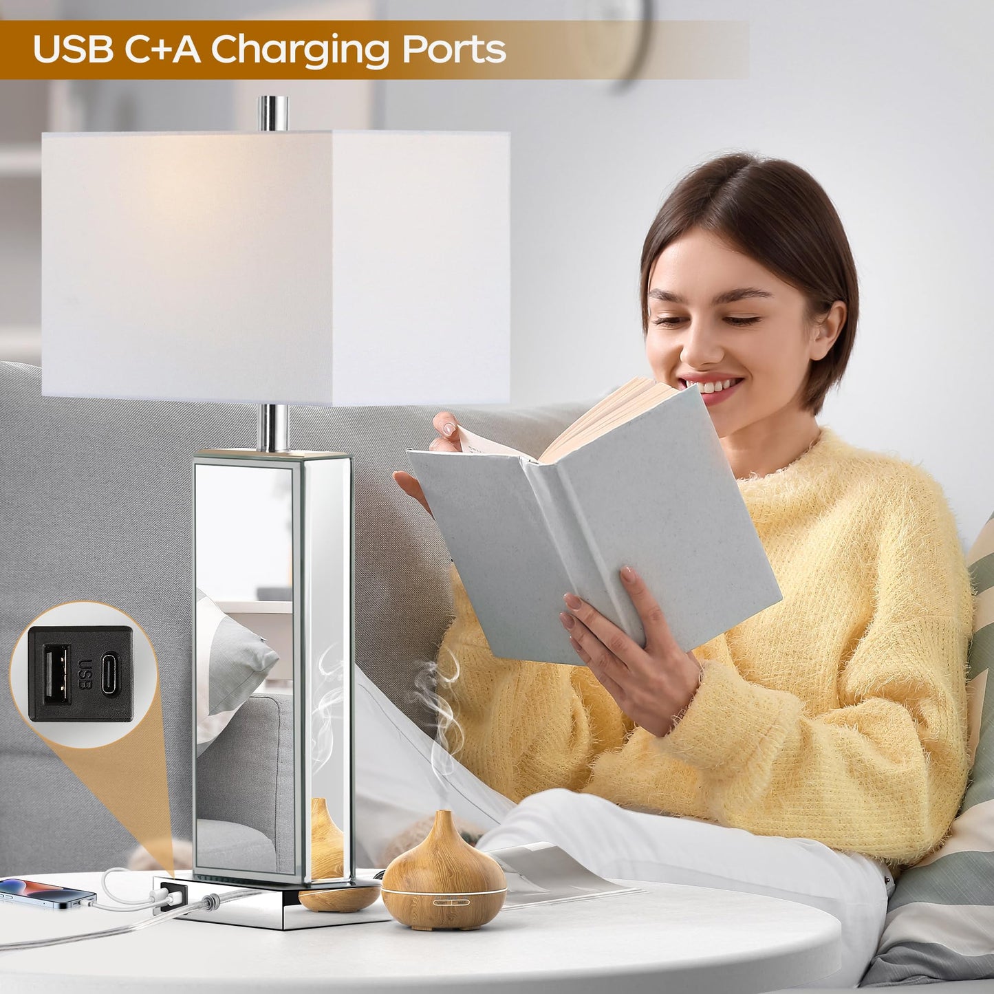 Modern Table Lamp Set of 2 Touch Control, Silver Mirror Diamond Crystal Bedside Lamp with USB C+A Ports, 3-Way Dimmable Mirrored Nightstand Lamps White Fabric Shade for Living Room Bedroom Art Decor