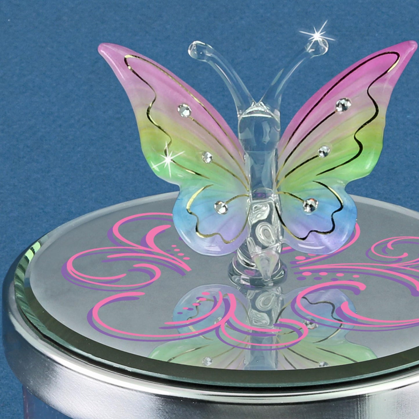Glass Baron Candle Holder Jar, Blown Glass Rainbow Butterfly Lid with Austrian Crystal Accents, 5.5 x 3 inches