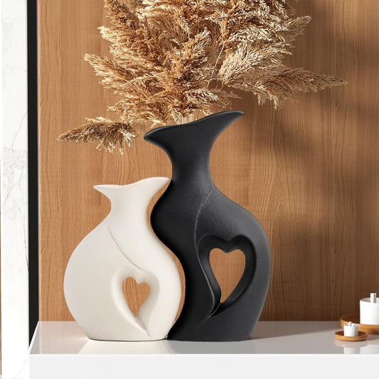 Black and White Vase Heart Shape Ceramic Vase Set of 2,Modern Boho Hollow Flower Vases,Nordic Aesthetic Decor,Decorative Vases for Room,Home Book Shelf,Fireplace,Table Decor