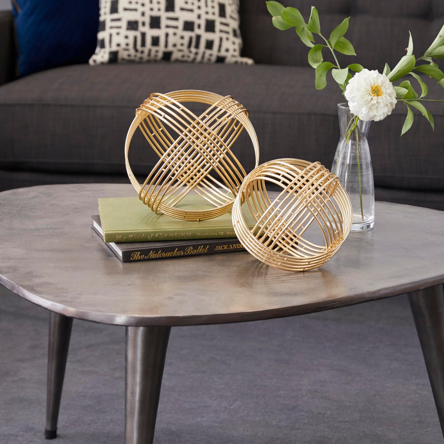 Deco 79 Metal Geometric Decorative Sculpture Layered Orb Home Decor Statues, Set of 2 Accent Figurines 9", 7"W, Gold