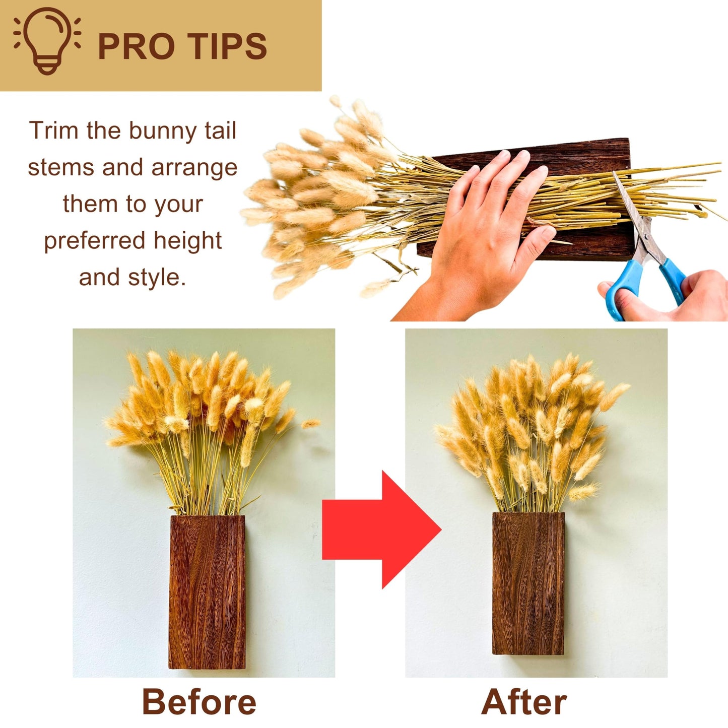 LaLaGreen Wood Wall Planters (8 Inch, 2 Pack) Include Bunny Tails Dried Flowers, Hanging Planter Wooden Box Vase for Indoor Modern Rustic Farmhouse Decor Home Living Room Bathroom Trendy Decoration