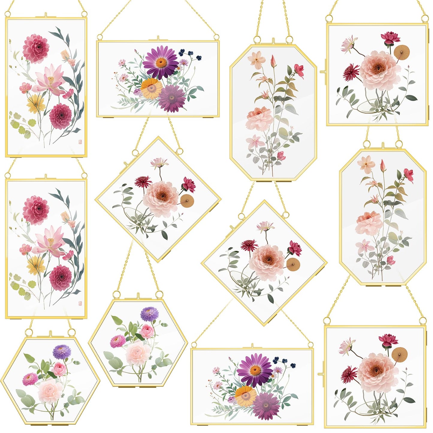 OINETRK 12 Pcs Brass Glass Frame for Pressed Flowers with Chain Clear Double Glass Floating Artwork Display Frame for Photo Gifts Wall Decor with Dried Plant Leaf, 6 Shapes