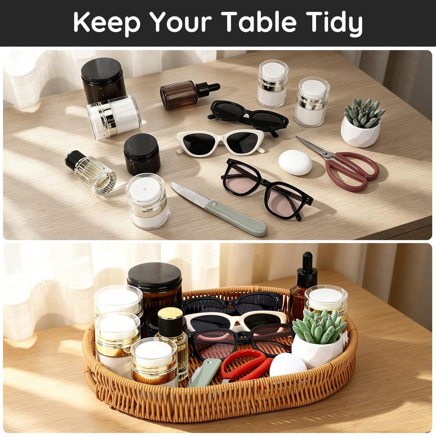 Segbeauty Faux Rattan Bathroom Vanity Tray for Home Decor, 13.8x9.8x1.8in Oval PP Wicker Storage Basket for Guest Towel Paper, Plastic Rattan Serving Woven Tray, Bedroom Basket Organizer with Handles