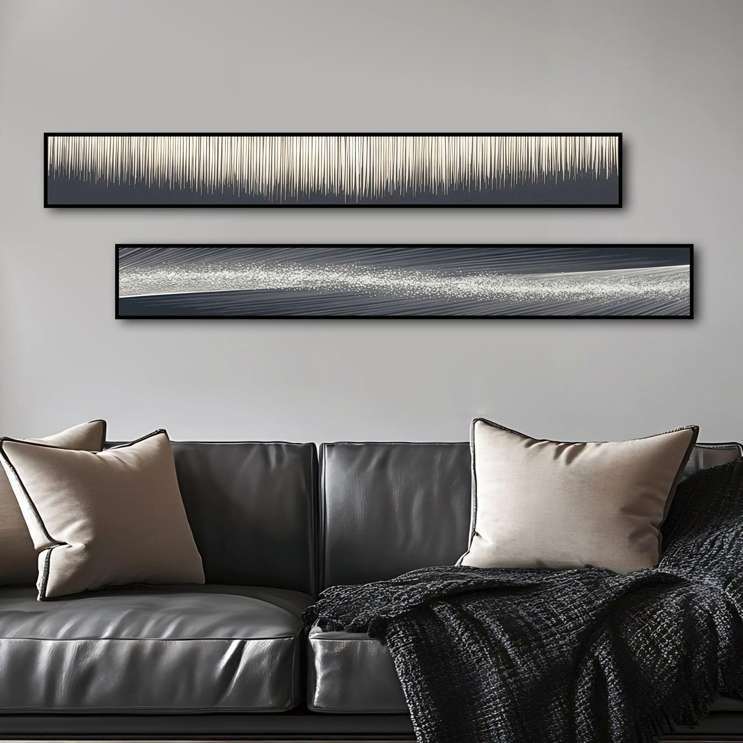 Large Framed Long Narrow Vertical Abstract Wall Art Set of 2, Premium Crystal Porcelain Canvas Prints, Black White Gold Modern Design - Perfect for Entryway, Hallway, Living Room, Bedroom - 63x10 inch