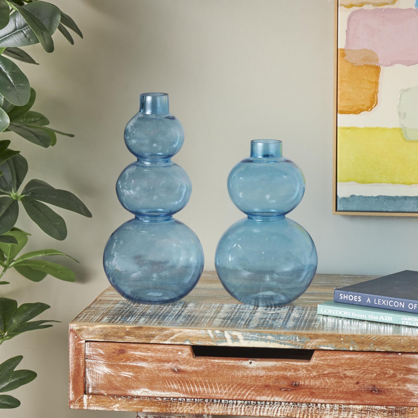 Deco 79 Glass Decorative Vase Bubble Centerpiece Vases with Various Sizes, Set of 2 Flower Vases for Home Decoration 14", 11" H, Blue
