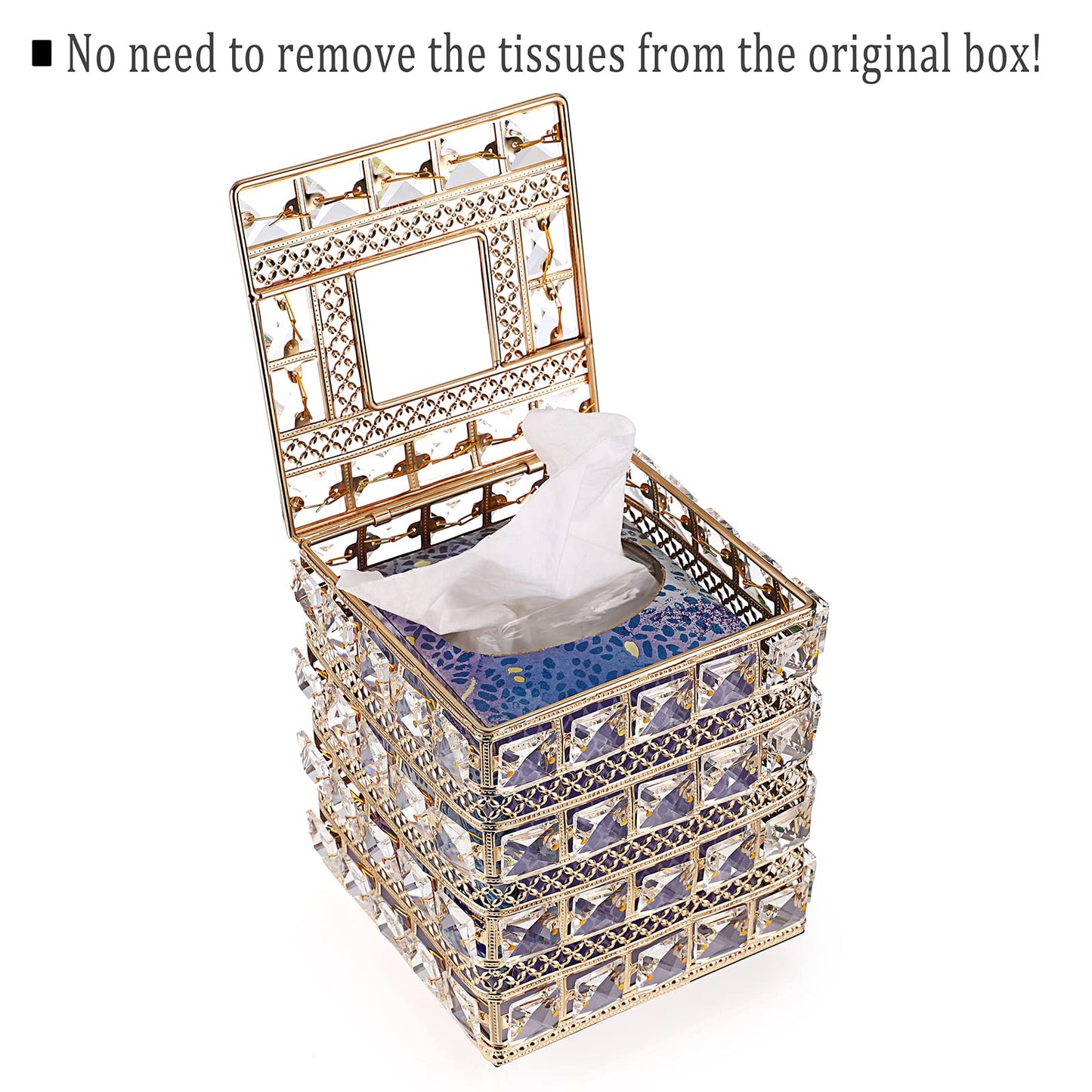 Sumnacon Crystal Square Tissue Box Cover - Sparkling Cube Glass Tissue Box Holder, Decorative Facial Tissue Holder for Bedroom Bathroom Dresser Night Stand Table Office Home Decor, Gold