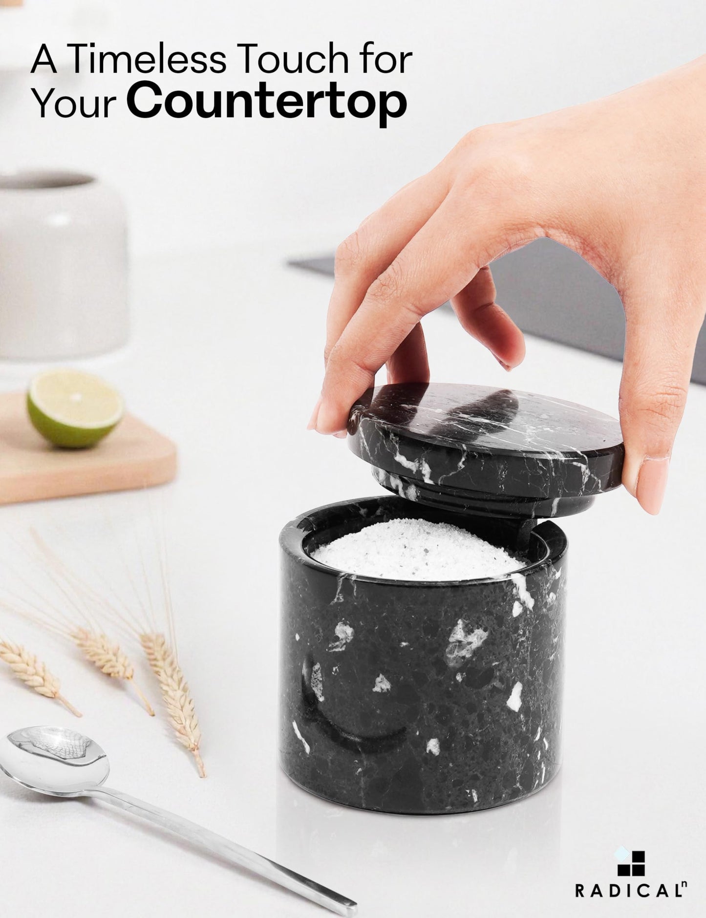 Radicaln Marble Salt Cellar with Lid and Tray 3" Inch Black & White Handmade Salt Dish For Kitchen Countertop, Ideal Set of 2 Seasoning Jars & Table Salt Container For Table