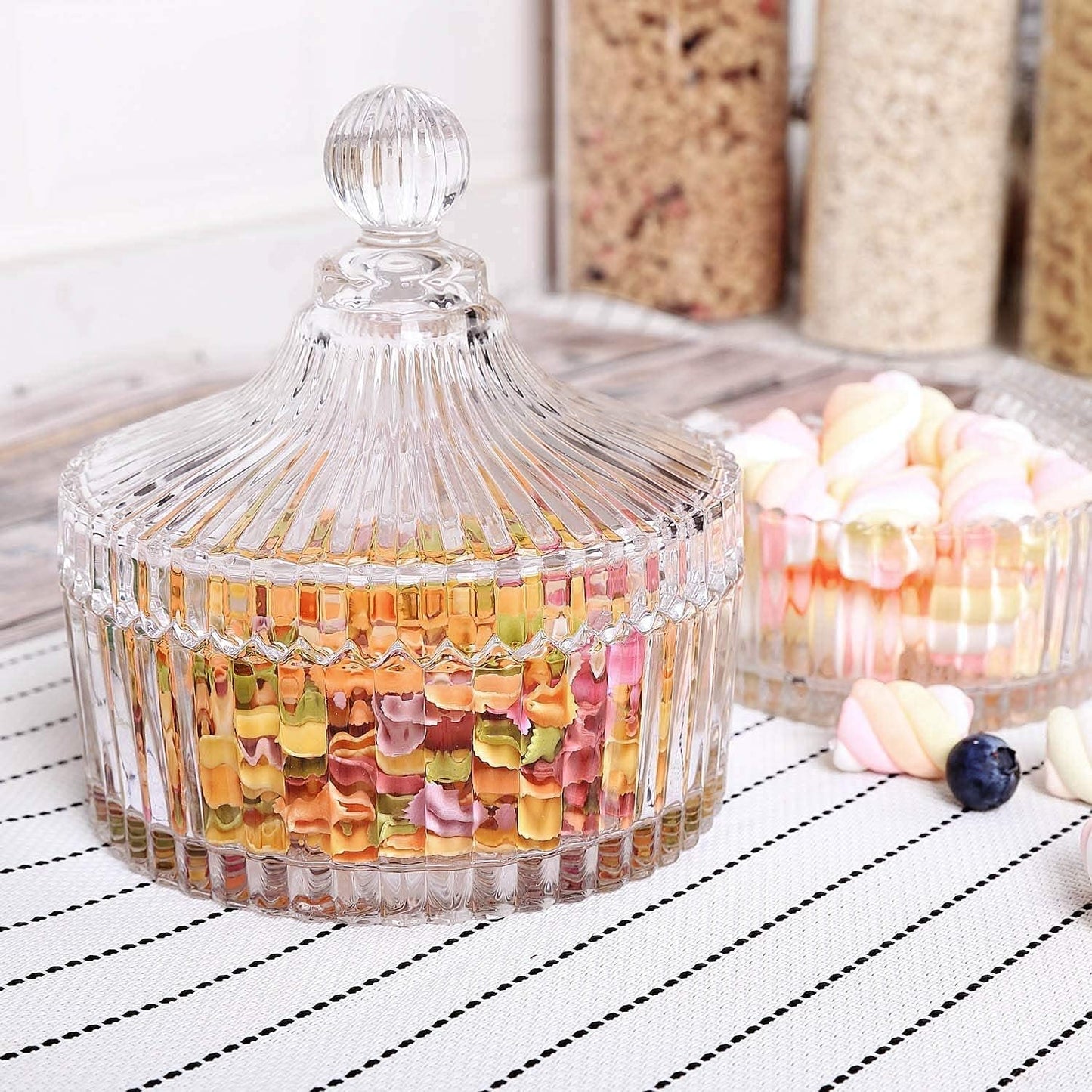 FTOF Glass Candy Storage Box Clear Sugar Dish With Lid Crystal Covered Candy Bowl Apothecary Food Buffet Container Holder