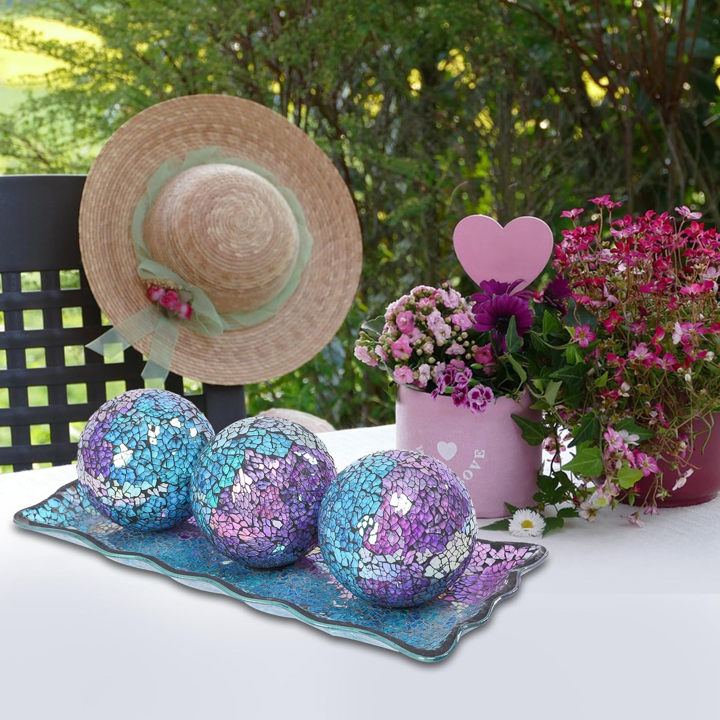 Afirst Decorative Ball and Glass Bowl - 4 Inch Mosaic Sphere Centerpiece Table Decorations with Tray for Coffee Table Decor, Living Room,Dining Table,Party,Wedding Decor