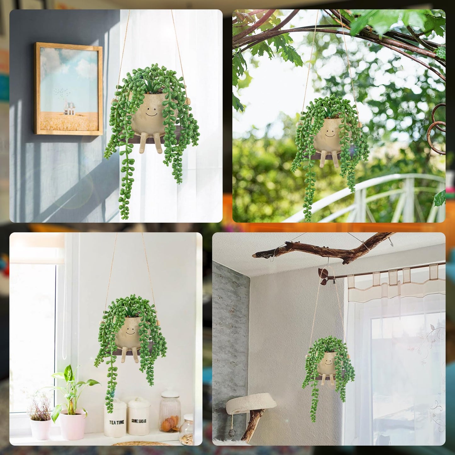 LUZOGA Artificial Hanging String of Pearls Succulent in Cute Smiley Face Swing Planter, Fake Trailing Succulent Plant for Indoor Outdoor Home Wall & Window Decor | Includes Hanging Hook