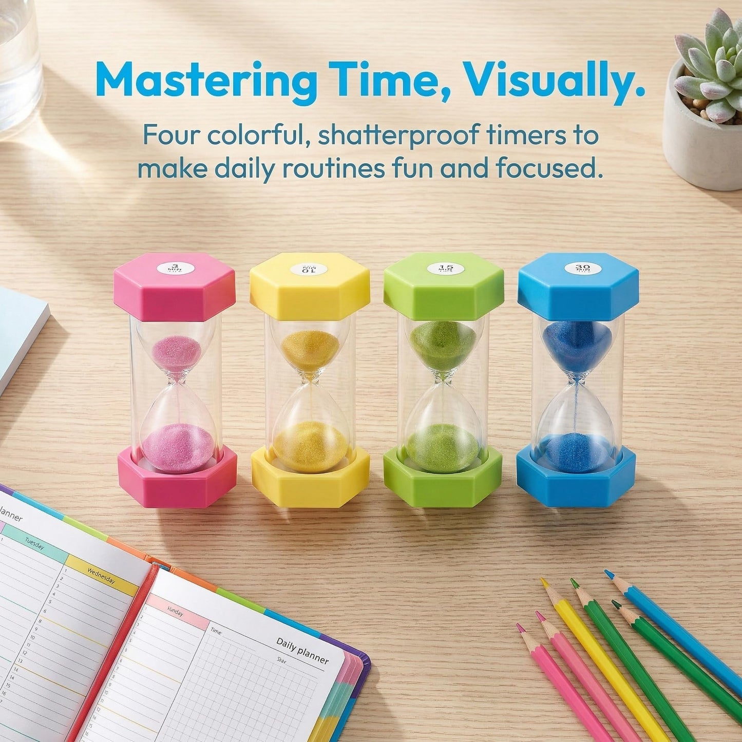 GLEAVI Visual Sand Timer for Kids, 4 Pcs Shatterproof Hexagonal Hourglass Timers (3, 10, 15, 30 Min), Anti-Roll Colorful Countdown Clock for Classroom, Toothbrushing, Study Focus, Visual Schedu