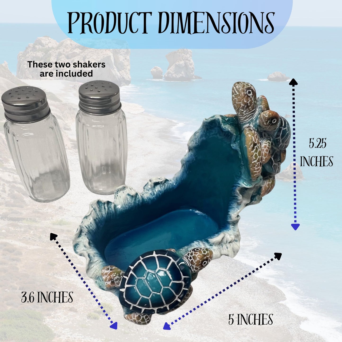 Nautical Sea Turtle Salt and Pepper Shakers Set with Holder for Beach House Interior Style - Coastal Living Room Accents, and Marine Life Theme Decorative Shakers Set