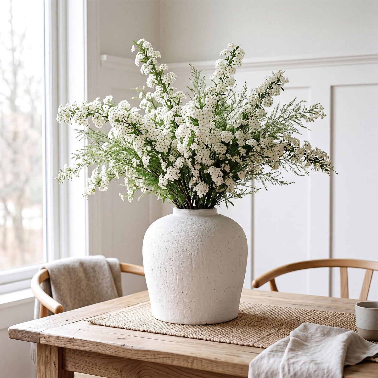 Jaxoriel Large White Ceramic Vase - 10.6 Inch Rustic Farmhouse Flower Vase for Home Decor, Minimalist Tall Vases for Living Room, Dining Room, Holiday & Weddings (White-Base 9.05'')
