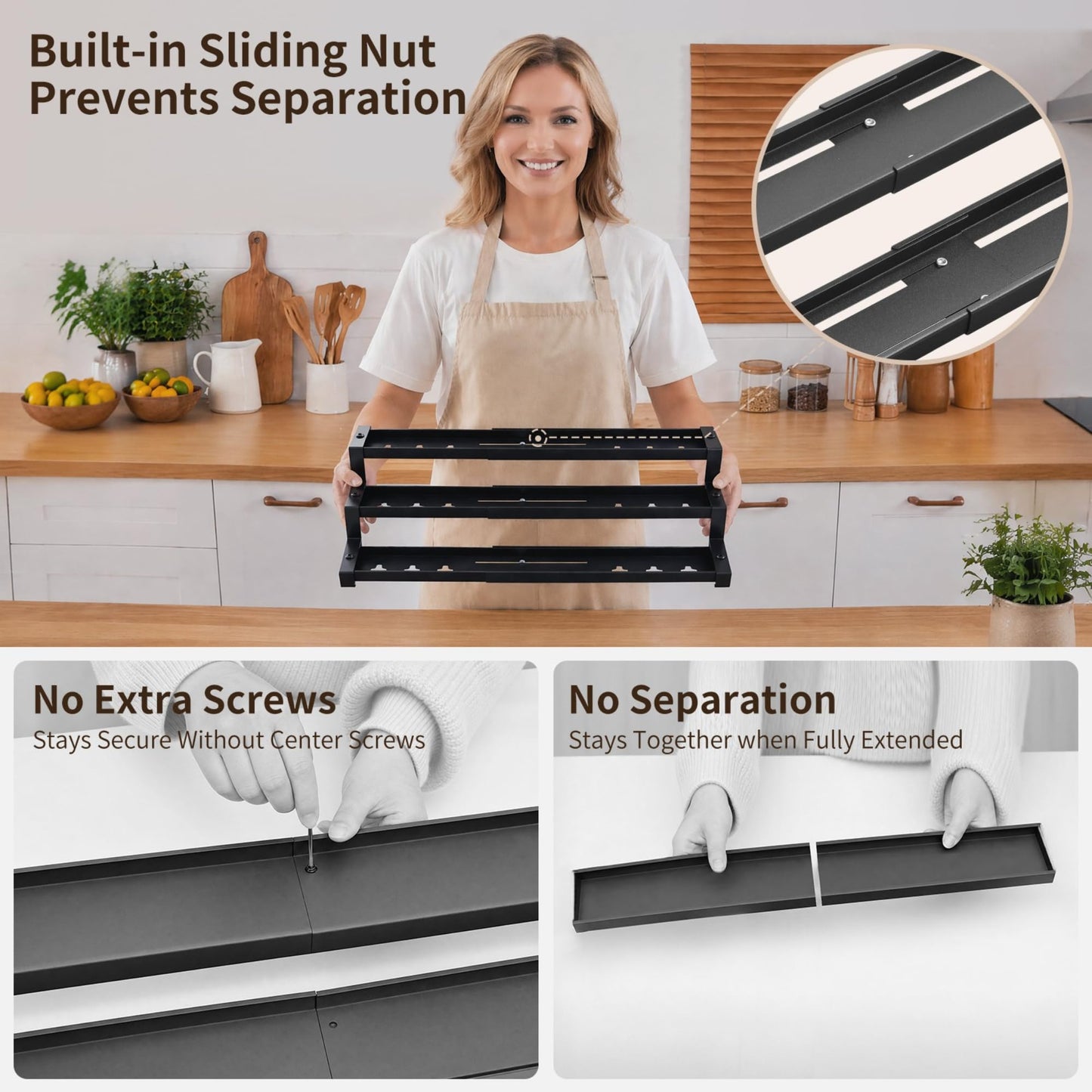 Holismo Expandable Spice Rack Organizer for Cabinet, 3-Tier Adjustable Spice Shelf 16"-29", Seasoning Organizer for Cabinet, Pantry & Countertop, Storage Rack for Jars, Bottles & Cans