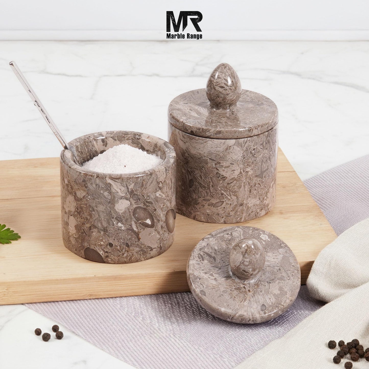 Marble Salt Cellar with Lid and tray 4 Inch Oceanic Handmade Salt Container, Set of 2 Seasoning Jars, Spice Storage Containers for Kitchen Countertop, Sugar Bowl