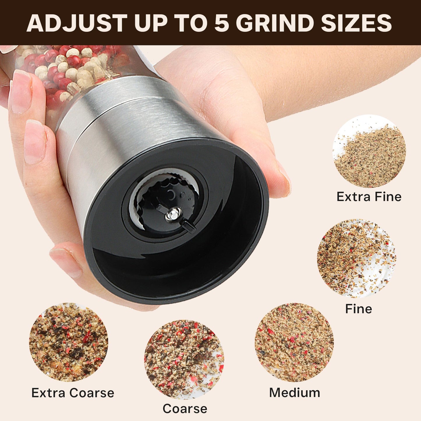 M JINGMEI Stainless Steel Salt and Pepper Grinder Set - Short Glass Shaker, Pepper Mill & Salt Mill with Adjustable Coarseness, Refillable for Himalayan or Sea Salt, Black Peppercorn, with Bonus Stand