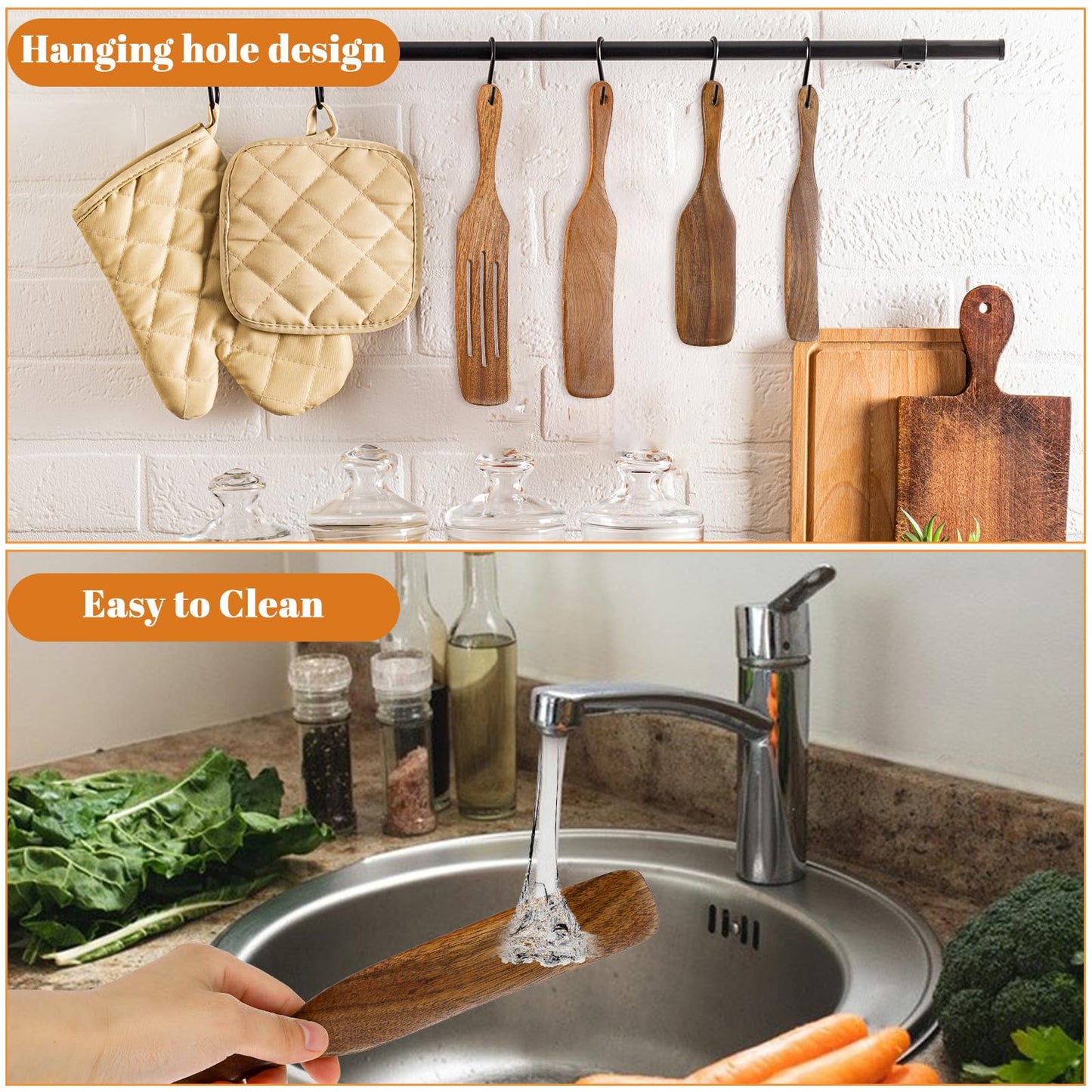 cobee 4PCS Wooden Spurtle Set, Teak Wood Spatula, Multipurpose Cooking Utensils for Non-Stick Cookware, Stirring, Scooping, Smashing, Serving