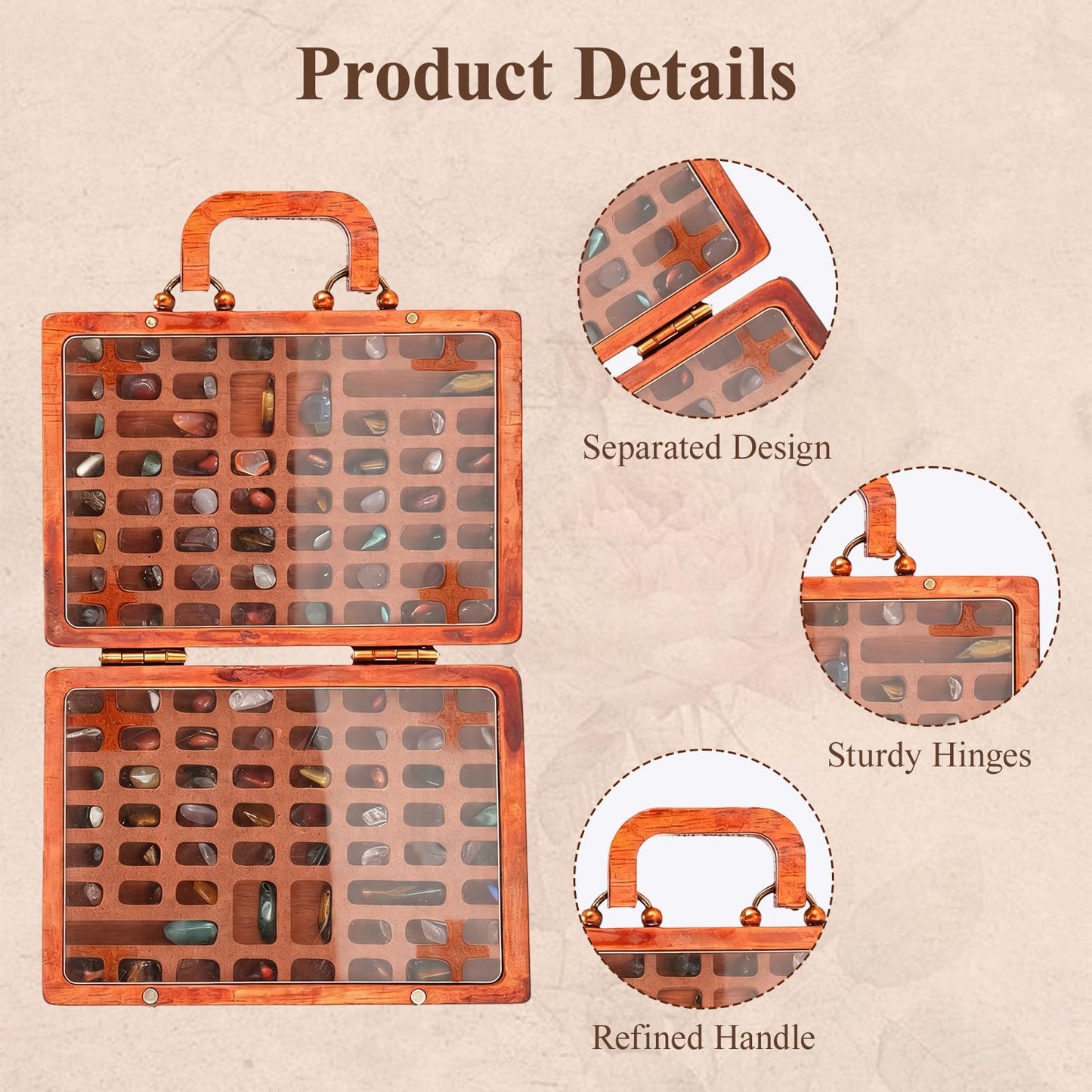 Buachoi Rock Display Case,118 Grid Rock Collection Box, Crystal Mineral Display Showcase with Protective Panel, Wooden Stones Storage Organizer Holder,for Agate Opal Crystal Stone Arrowheads etc.