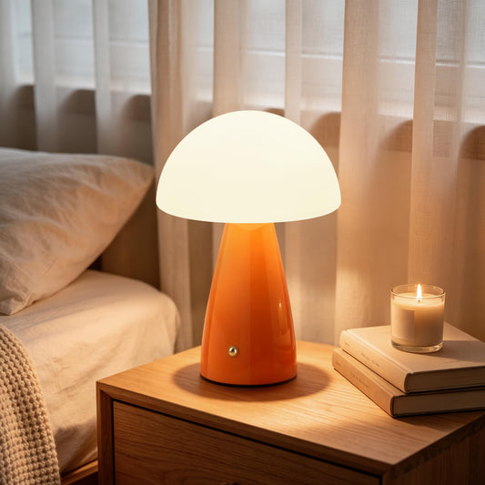 LOZNDA Mushroom Lamp Glass Rechargeable Battery Operated Mushroom Table Lamp Orange LED Vintage Modern Cordless Small Lamp Retro Dimmable Bedroom Nightstand Bedside Decor Aesthetic Home Birthday Gift
