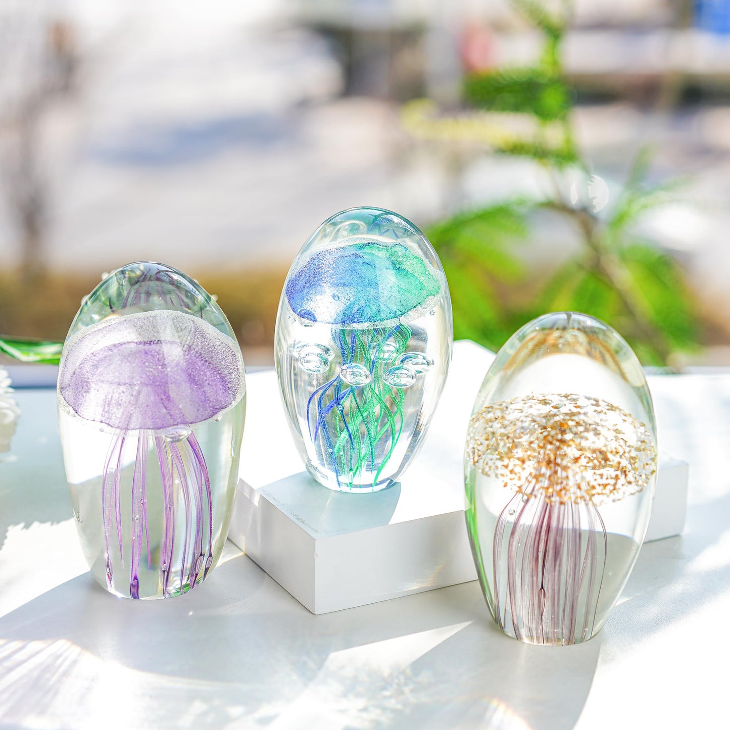 QFkris Hand Blown Glass Jellyfish Paperweight, 3.8" Jellyfish in Glass Decoration, Jelly Fish Figurine Art Decor, for Women