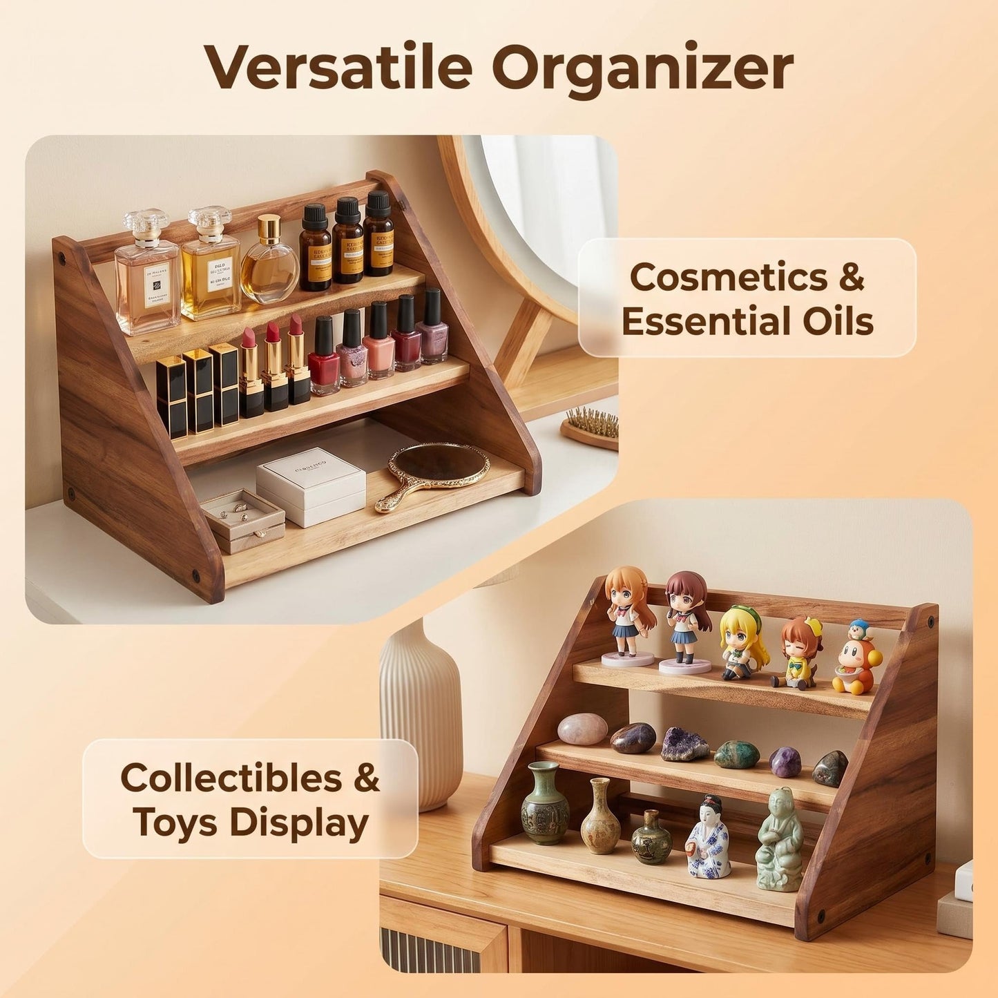 Ninebendstreams Acacia Wooden Spice Rack Organizer for Cabinet Wood Spice Shelf Organizer for Kitchen Pantry Storage Organizer 3 Tier Countertop