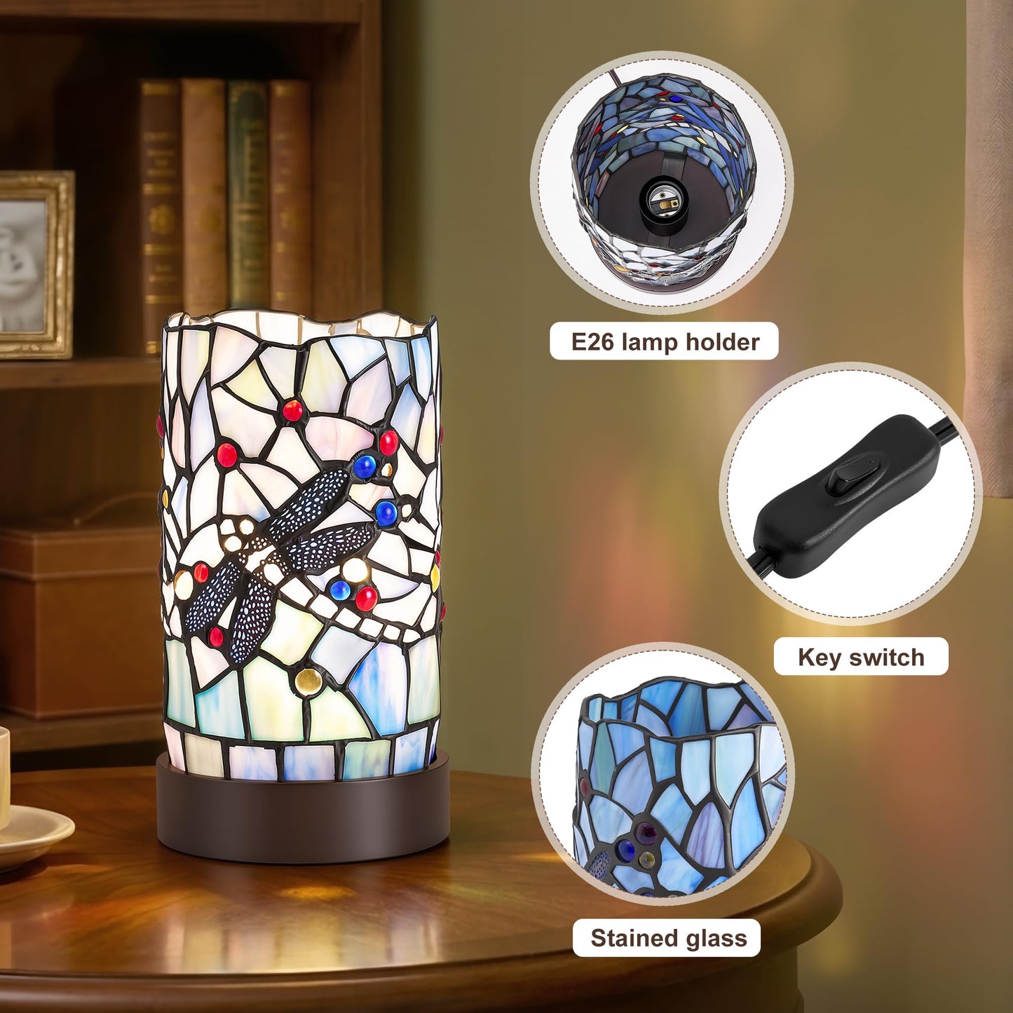Rynxphera Tiffany Table Lamp, Blue Dragonfly Small Stained Glass Style Lamp
