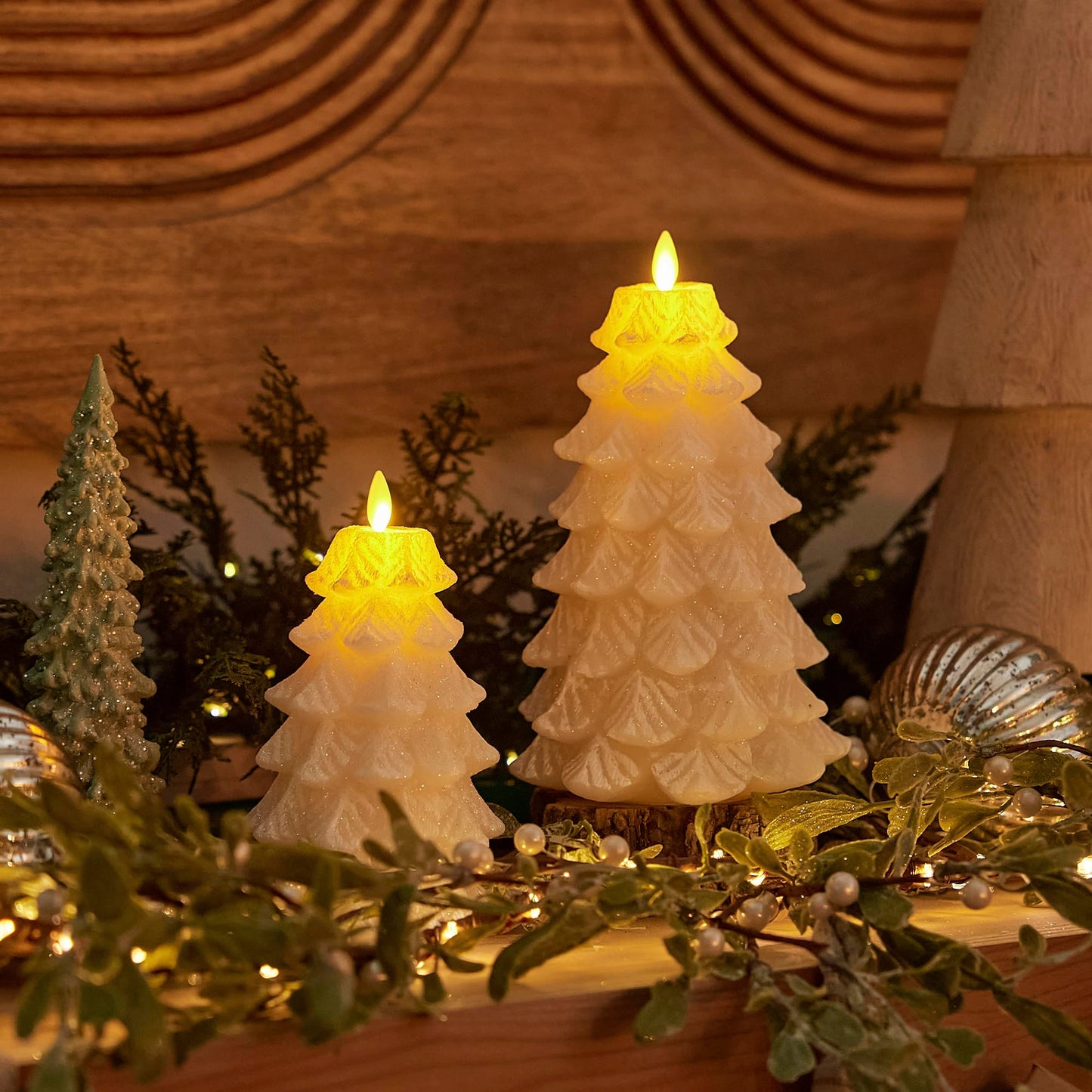 Luminara Christmas Tree Flameless LED Candle, White Swan 4.7" x 6.5", Moving Flame Battery Operated Timer, Holiday Decor, Glitter Snow Finish Safe