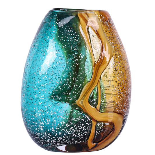 PlivBloom Teal Glass Vase,Hand Blown Green Glass Flower Vases Bulk,Murano Glass Vases,Unique Table Glass Decor, Flowers with Vase Decorative,Teal Vase Decor,for Bookshelf,Living Room,Office,Gift (S)